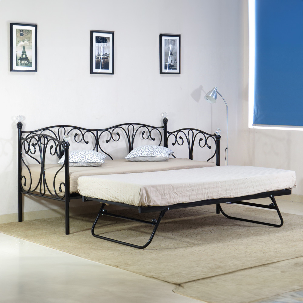 Brooklyn Single Sleeper Black Metal Crystal Finial Day Bed with Trundle Image 1