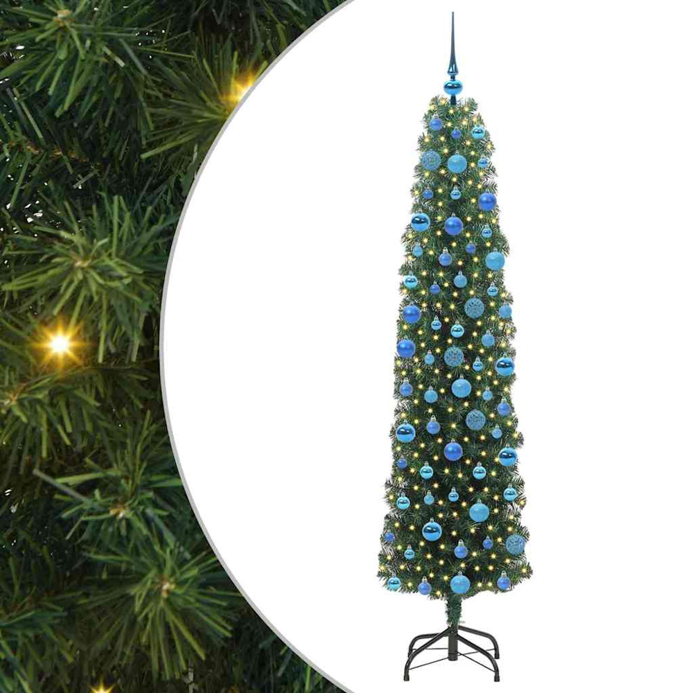 vidaXL Green Artificial Christmas Tree with LEDs Blue Decoration Ornaments 6ft Image 2