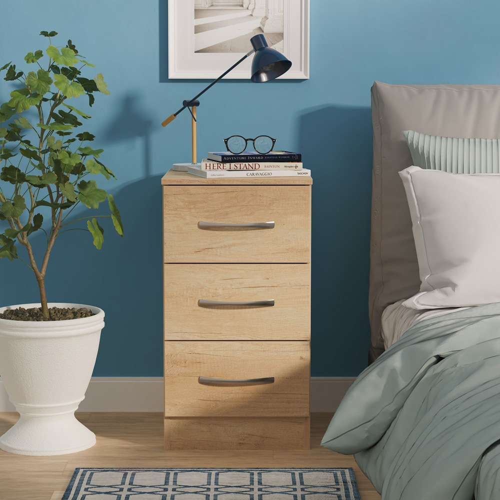 Crowndale Avon 3 Drawer Nebraska Oak Bedside Cabinet Ready Assembled Image 7