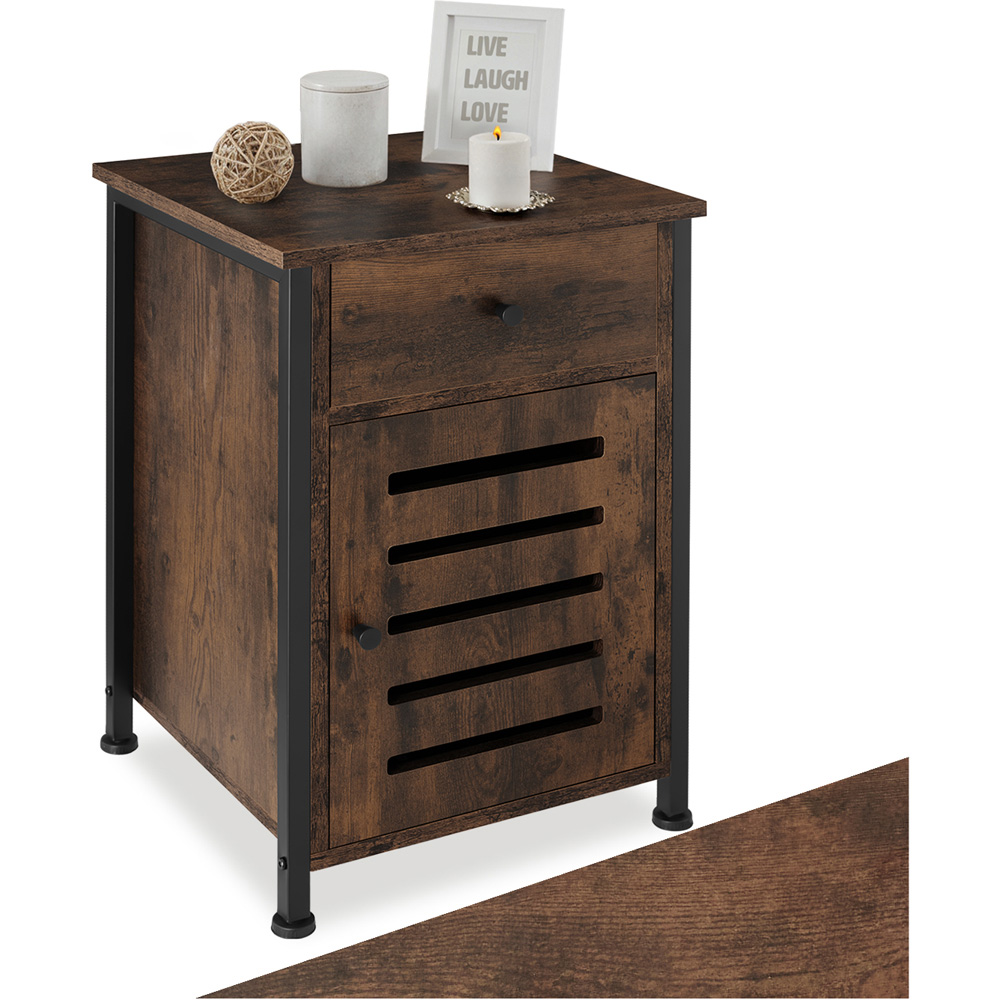 Tectake Waterford Single Door Single Drawer Rustic Dark Wood Bedside Table Image 2