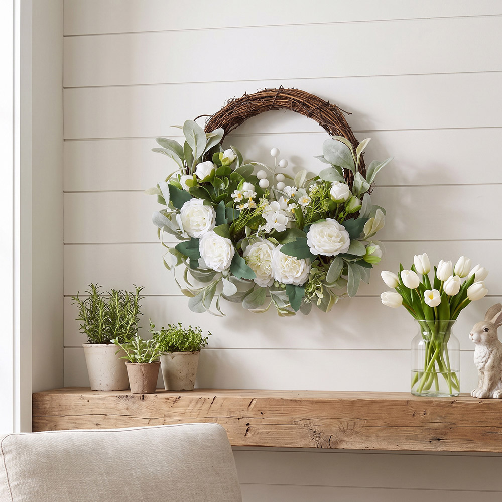 Living and Home Artificial Peony Rustic Door Wreath with Green Leaves 45cm Image 7