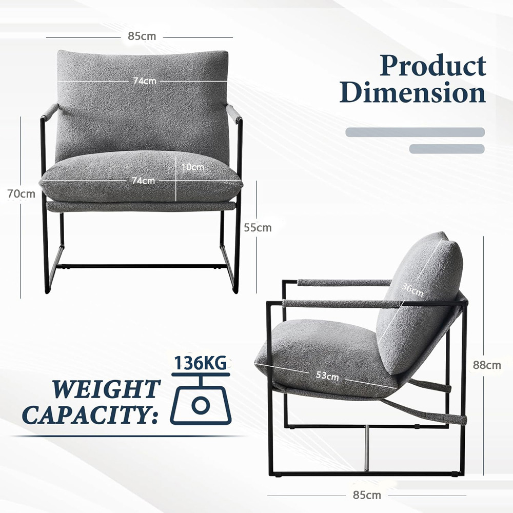 Luca Grey Boucle Upholstered Lounge Accent Chair with Metal Frame Image 8
