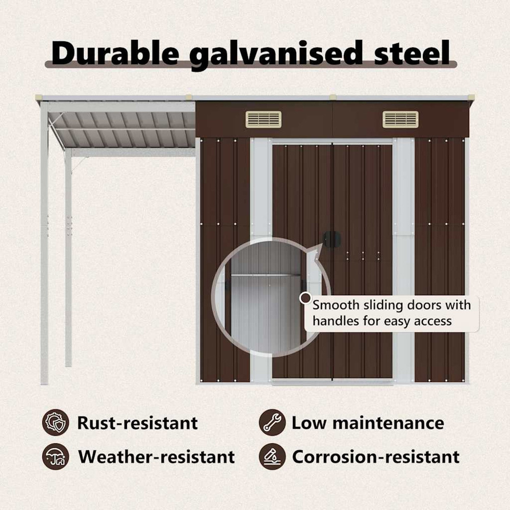vidaXL 9 x 3.5ft Brown Galvanised Steel Garden Shed with Extended Roof Image 6