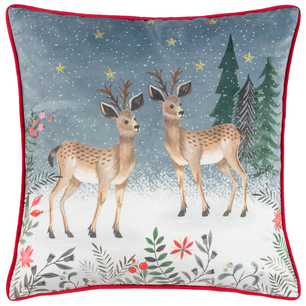 furn. Ditsy Festive Reindeer Multicoloured Velvet Piped Cushion Image 1