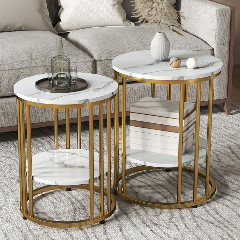 HOMCOM Marble-Effect and Gold Round Coffee Table Set of 2 Image 1