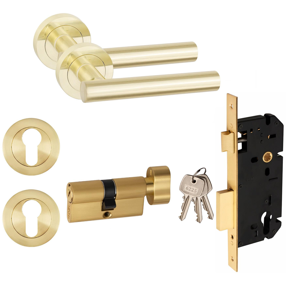 Golden Grace Satin Brass Straight T-Bar Door Handle Pair with Thumbturn and Euro Lock Image 1