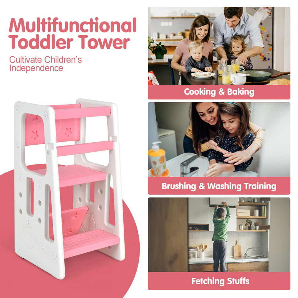 Costway Kids Pink Kitchen Step Stool with Safety Rails Image 7