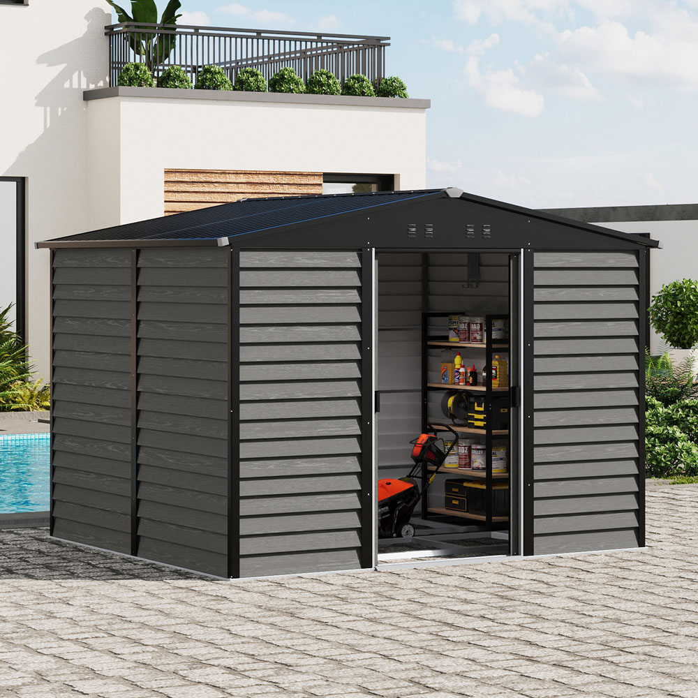 Living and Home 10 x 8ft Grey Wood Grain Apex Garden Storage Shed with Foundation Image 2