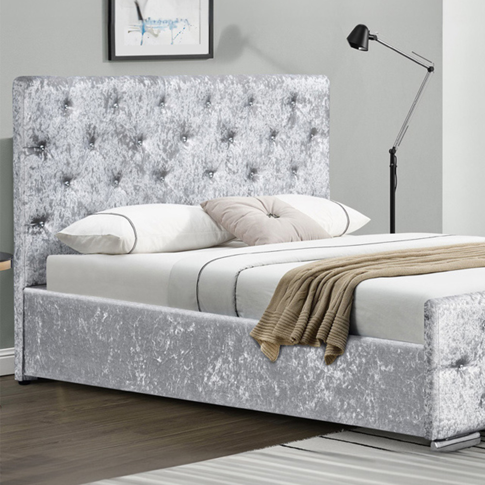 Brooklyn King Size Silver Crushed Velvet Diamante Chesterfield Ottoman Bed Image 2