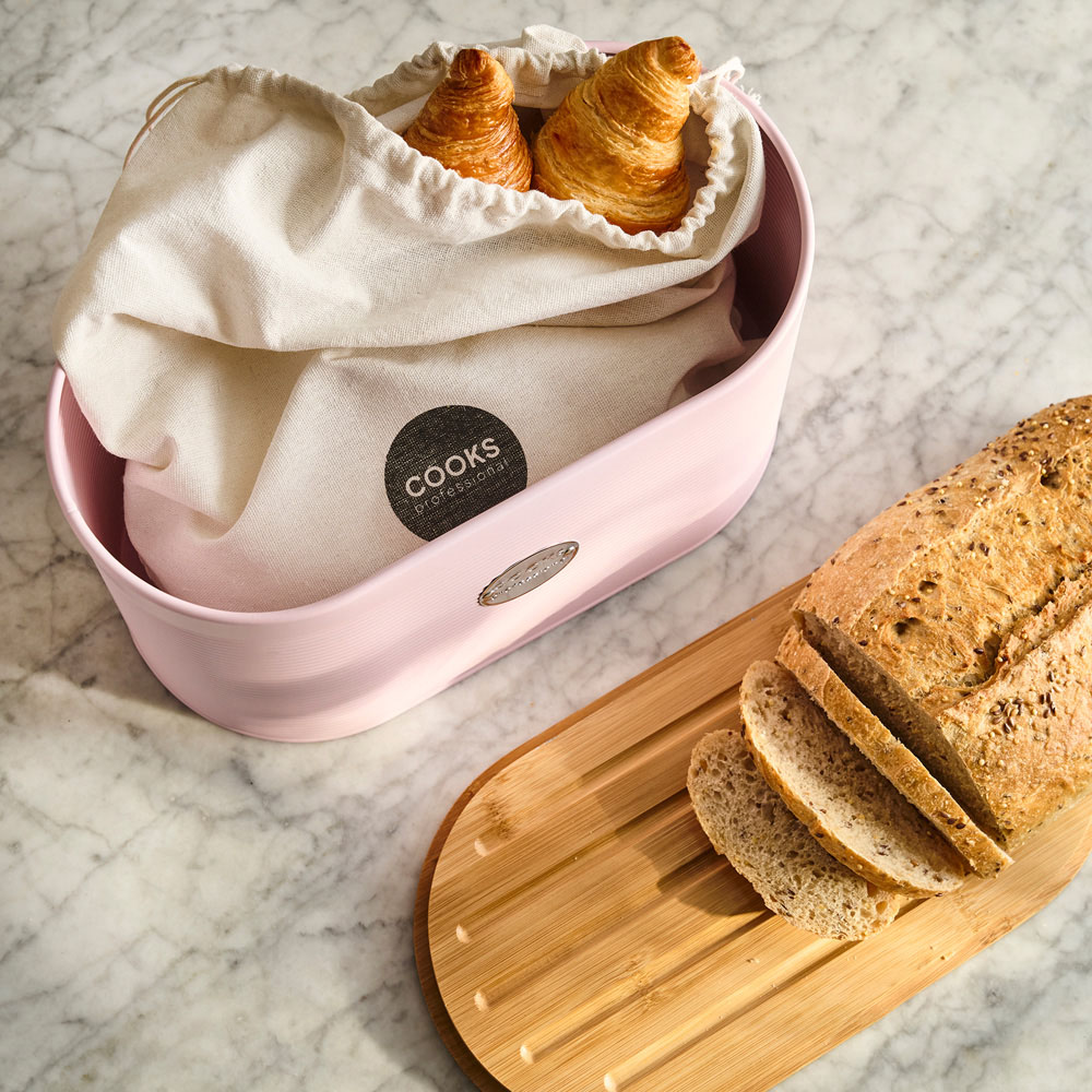 Cooks Professional Pink and Silver Ribbed Bread Bin with Linen Bag and Bamboo Lid Image 6
