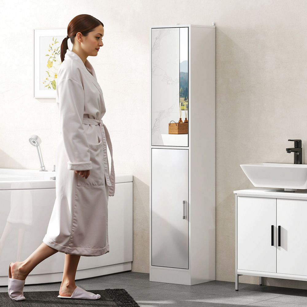 Kleankin Single Door High Gloss White Tall Bathroom Cabinet with Mirror Image 5