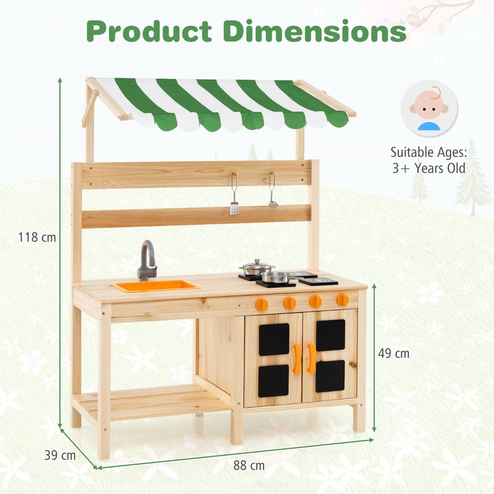 Costway Kids Natural Outdoor Wooden Kitchen Play Set with Canopy and 4 Stoves Image 7