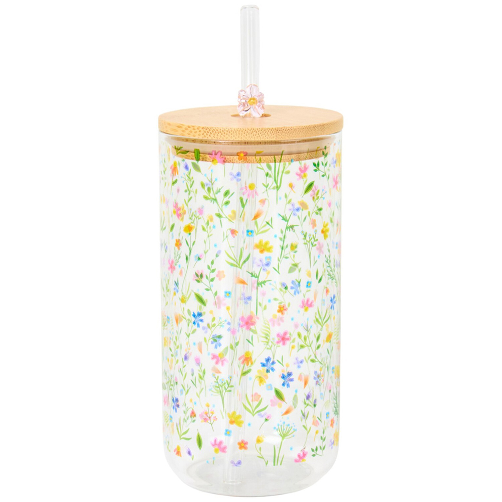 Wildflower Drinking Jar with Lid and Straw Clear Image 1