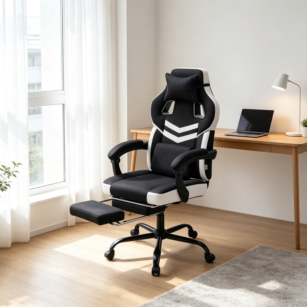 Living and Home Black and White Padded Gaming Chair with Footrest Image 8