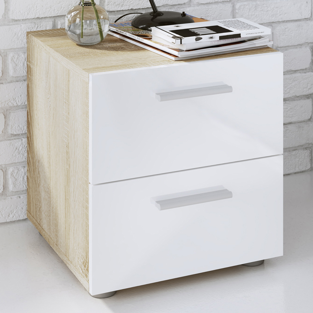 Florence 2 Drawer Oak and White High Gloss Bedside Table Image 1
