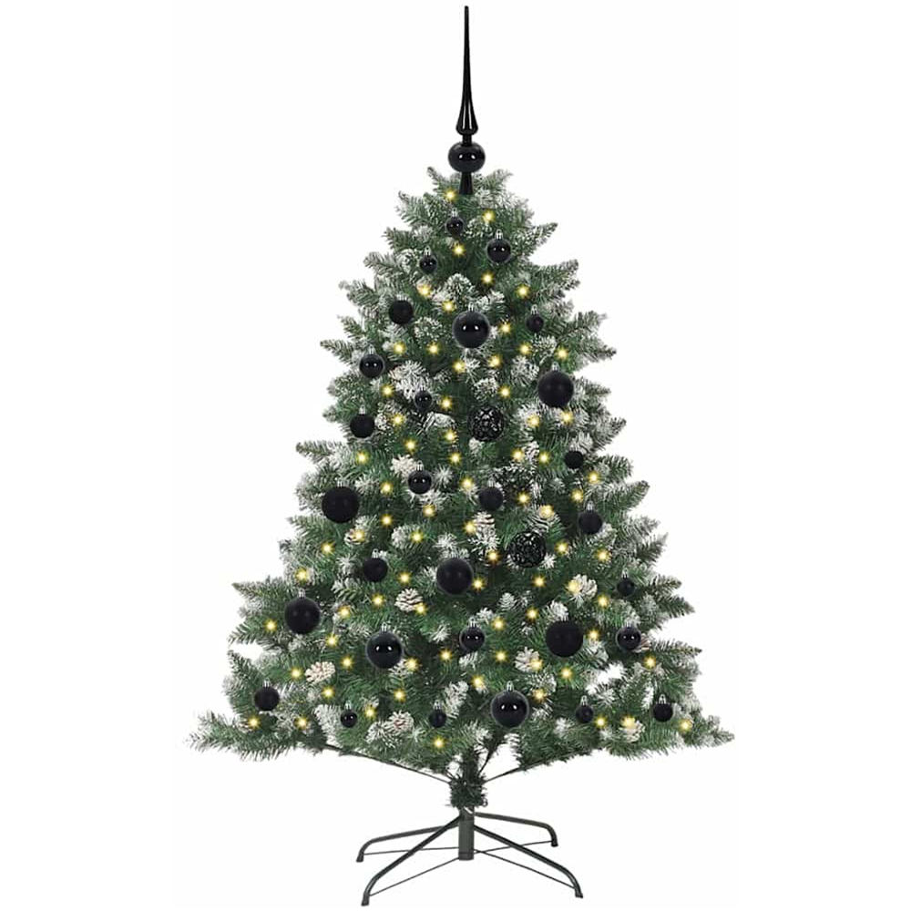 vidaXL Pre-Lit Black Bauble Pinecones Green Snow Flocked Artificial Christmas Tree 4ft Image 1
