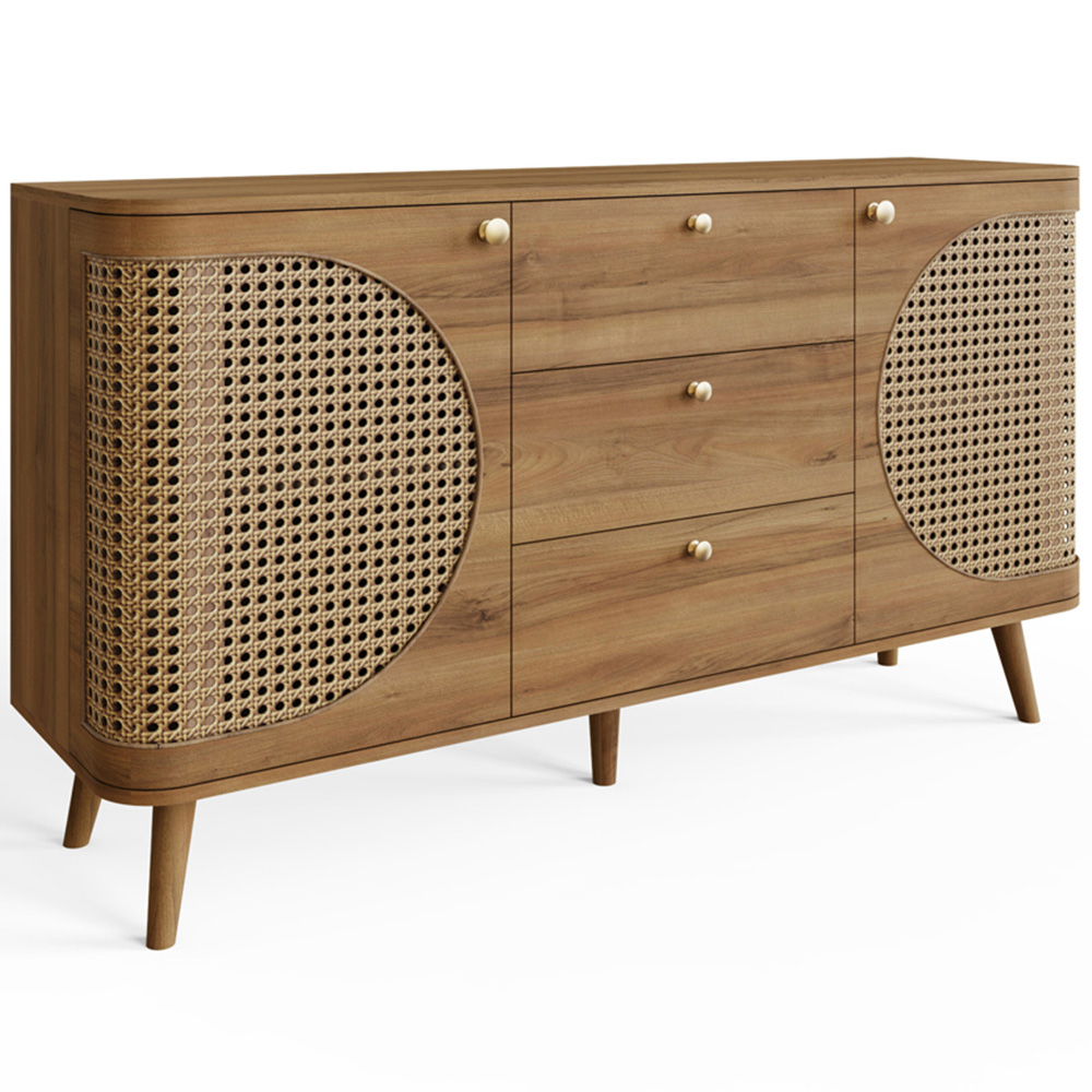 GFW Sorrel 2 Door 3 Drawer Oak Rattan Large Sideboard Image 2