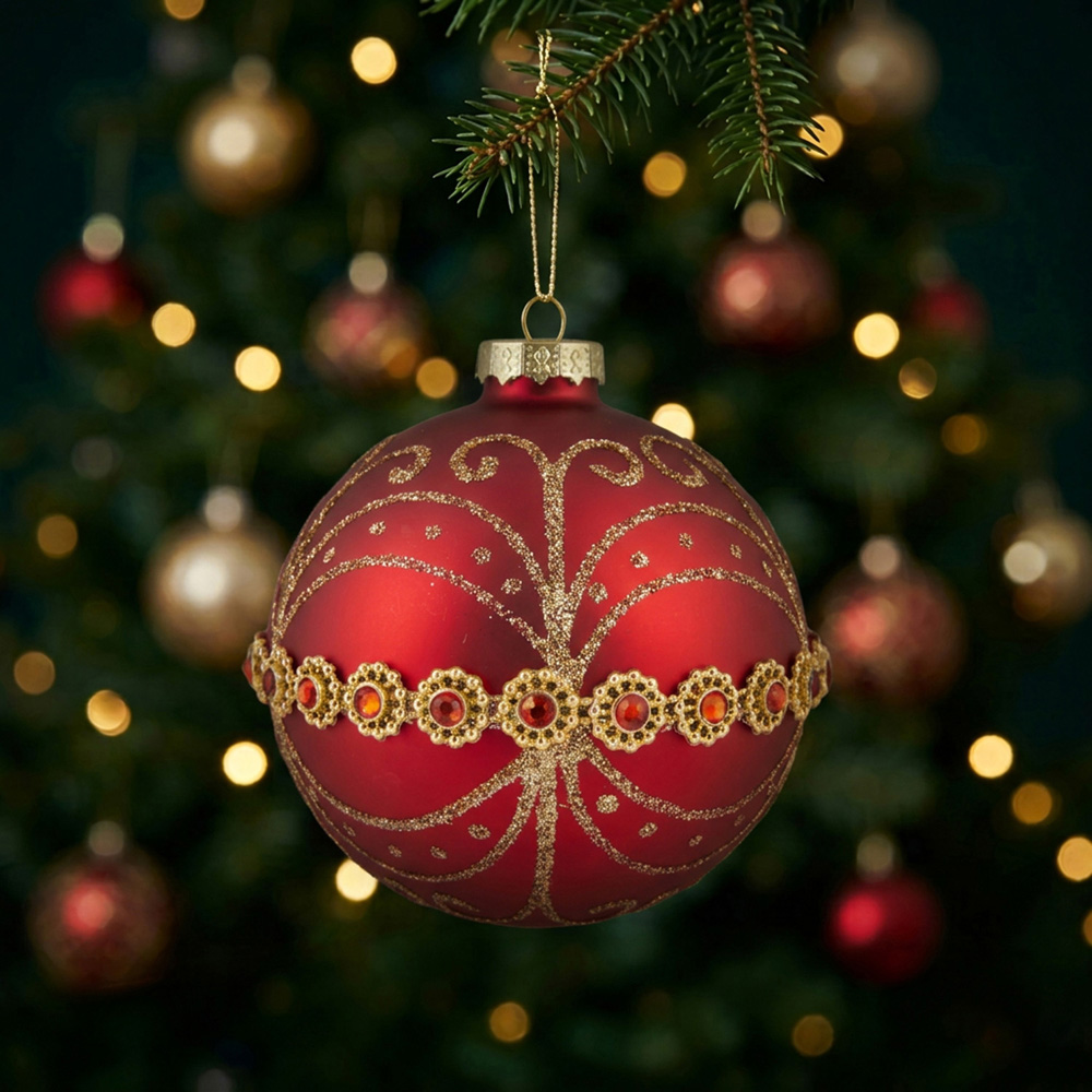 Beaded Decorative Red Bauble - Red & Gold Image 2