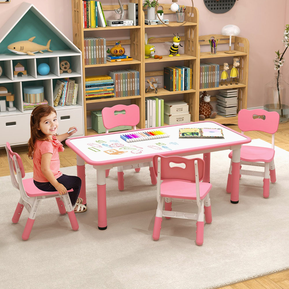 Costway Kids 4 Seater Table and Chair Set Pink Image 3