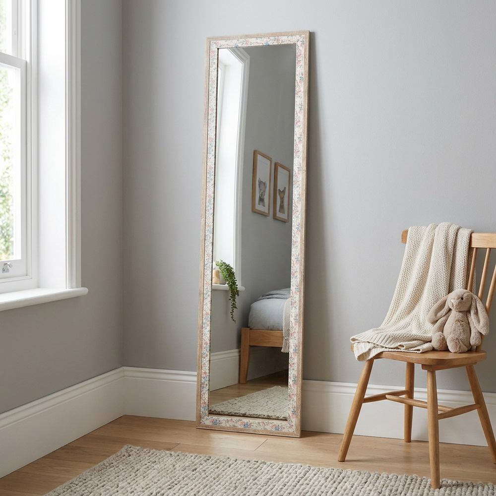 Floral Linen Wooden Dress Mirror Cream Image 10