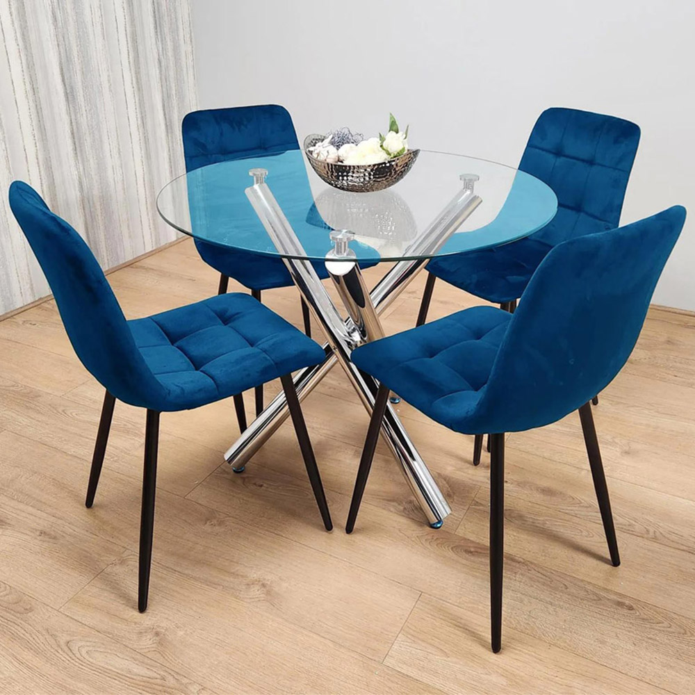 Kosy Koala 4 Seater Clear Glass Tufted Velvet Round Dining Set Blue Image 1