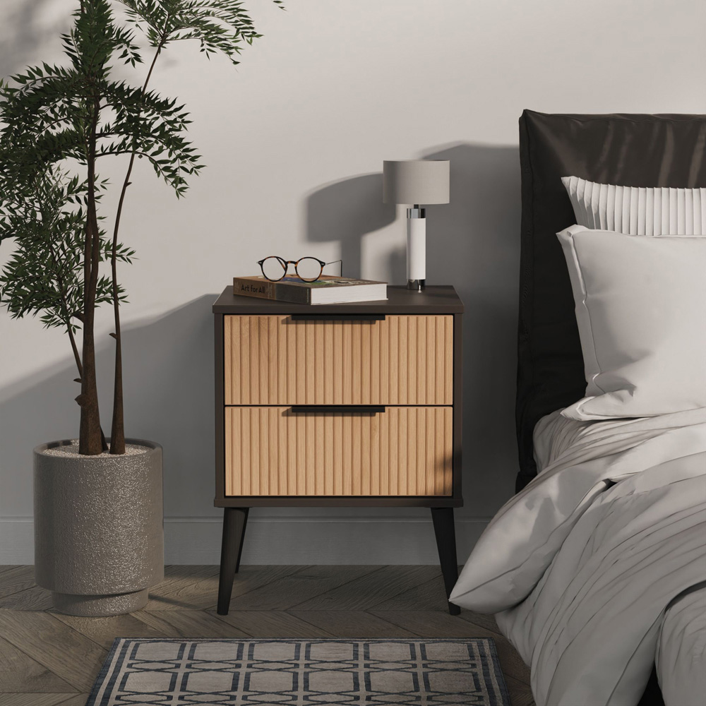Crowndale Hong Kong 2 Drawer Slatt Effect and Graphite Compact Bedside Cabinet Ready Assembled Image 7