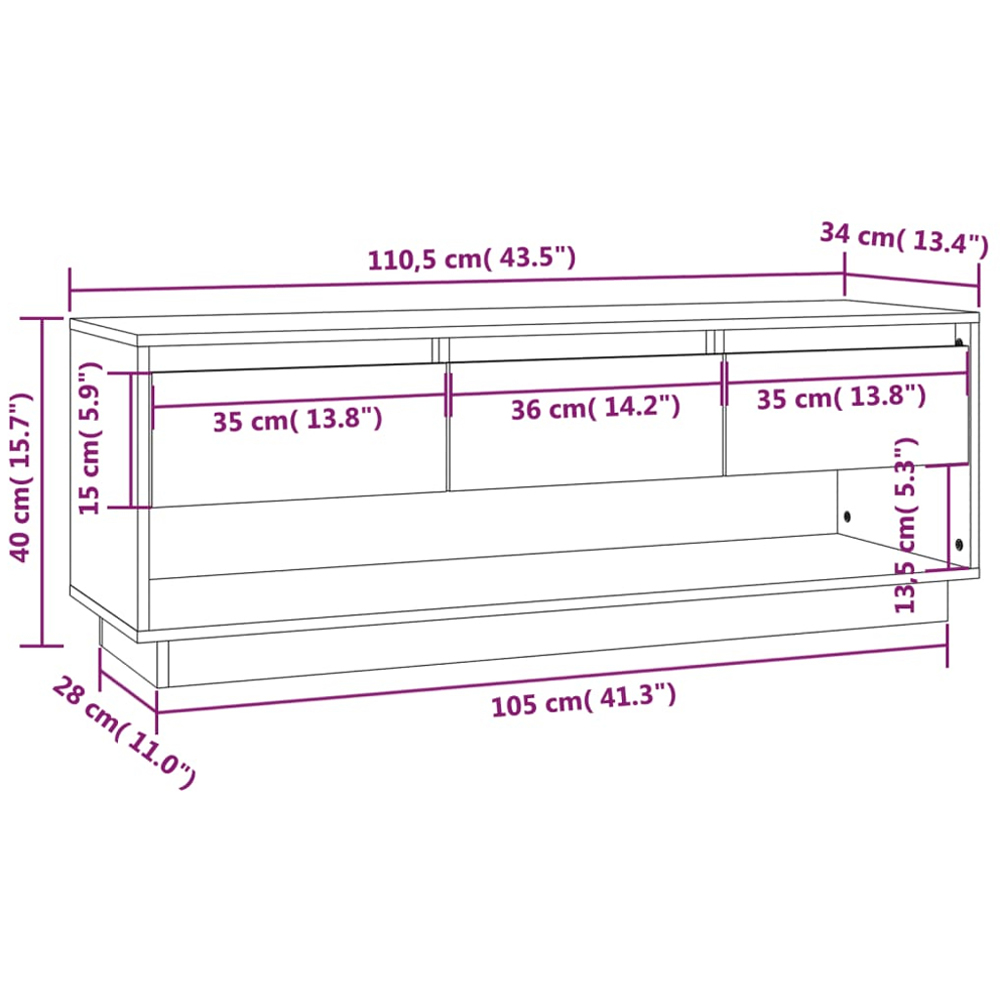 vidaXL 3 Drawer Single Shelf Natural Solid Pine Wood Wide TV Cabinet Image 8