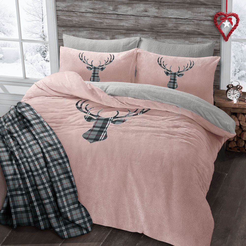 Velosso Single Blush Stag Head Teddy Fleece Duvet Set Image 2
