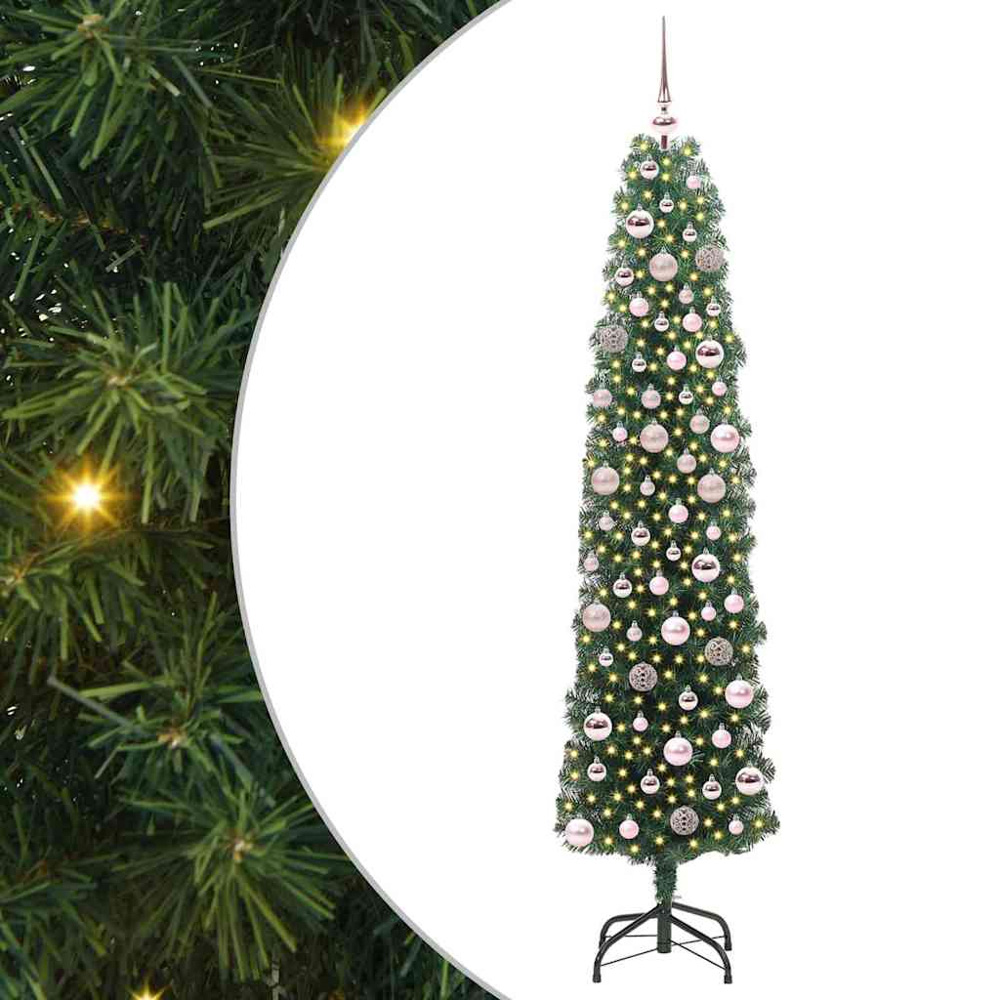 vidaXL Green Artificial Christmas Tree with LEDs Pink Decoration Ornaments 6ft Image 2