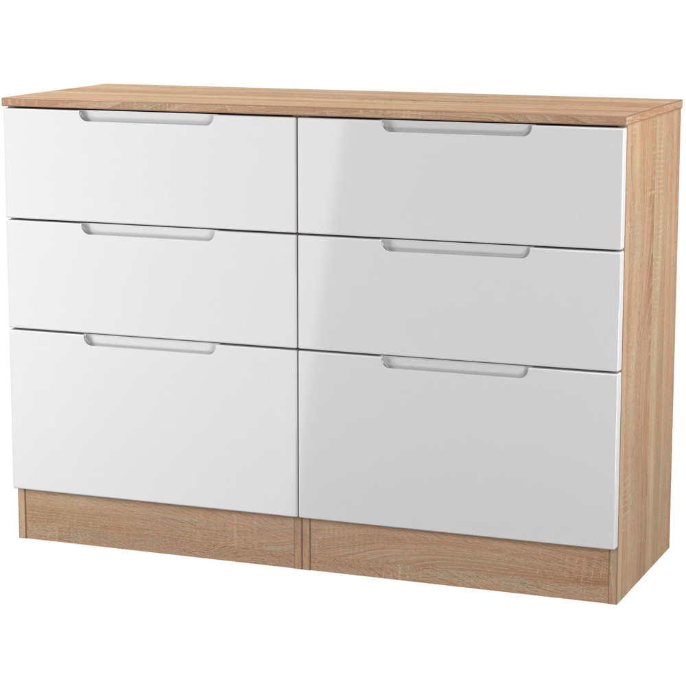 Crowndale Milan 6 Drawer White Gloss and Bardolino Oak Wide Chest of Drawers Ready Assembled Image 2
