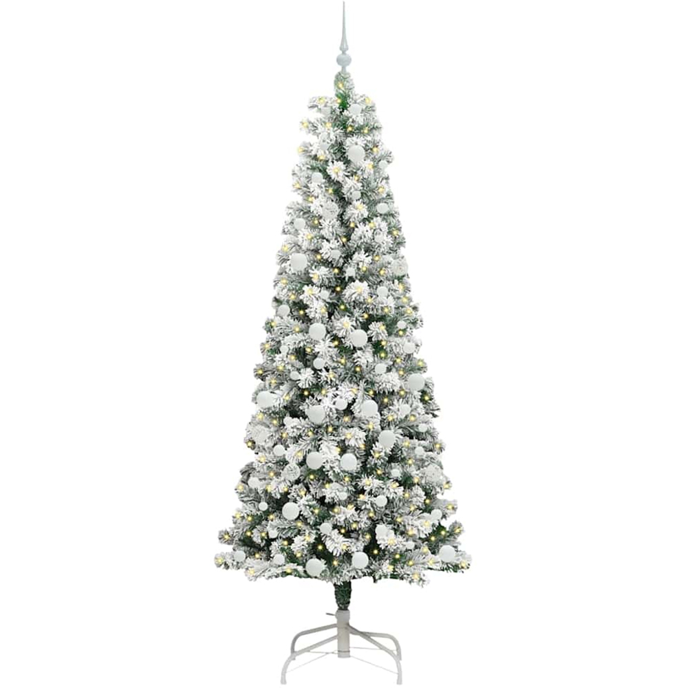 vidaXL Pre-Lit Warm White LED and White Baubles Snow Flocked Artificial Christmas Tree 7ft Image 1