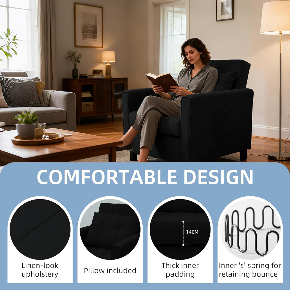 Alivio Singel Seater 3-in-1 Black Convertible Sofa Bed Chair Image 7