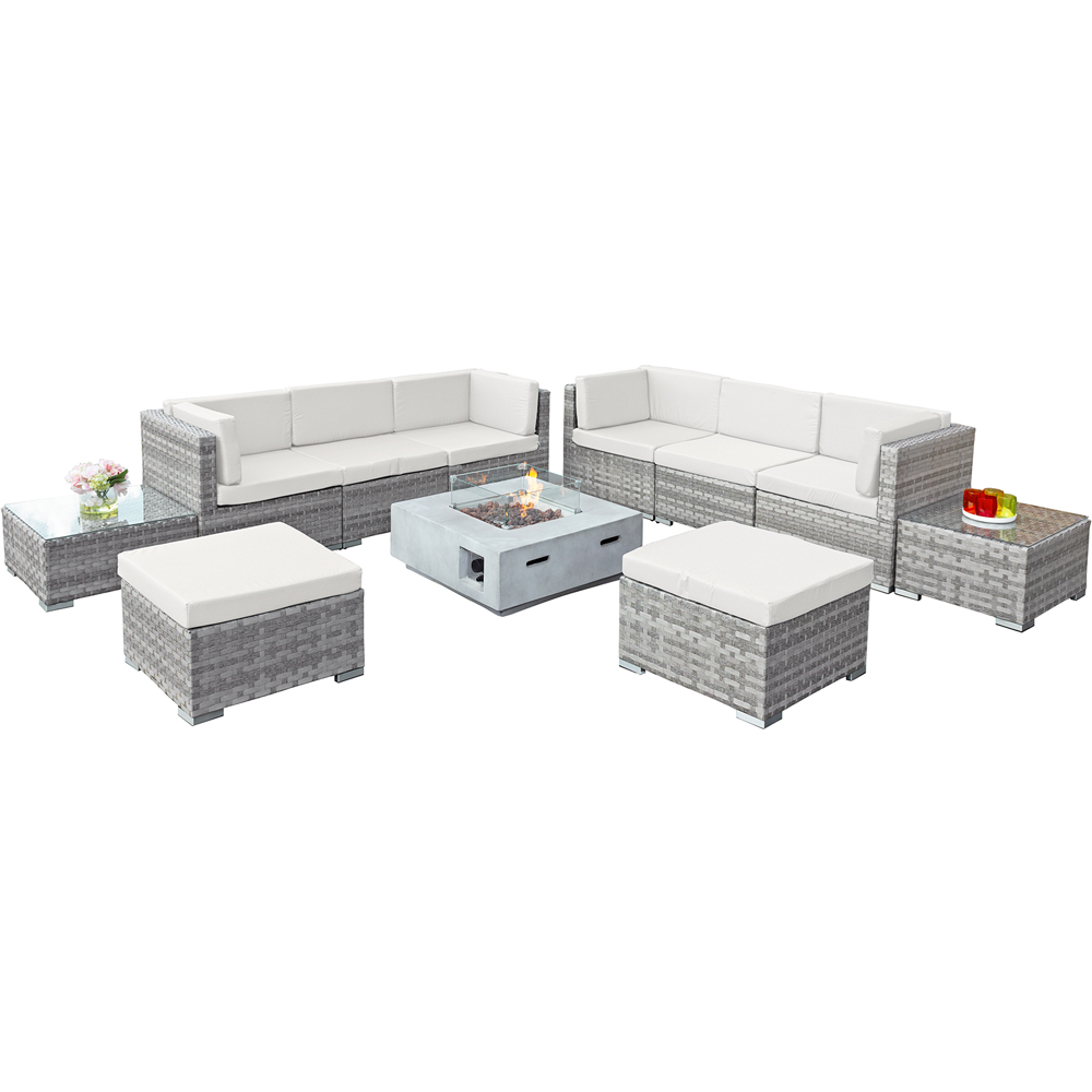 Oseasons Trinidad 8 Seater Dove Grey and White Cushion Deluxe Rattan GRC Firepit Modular Sofa Set Image 2