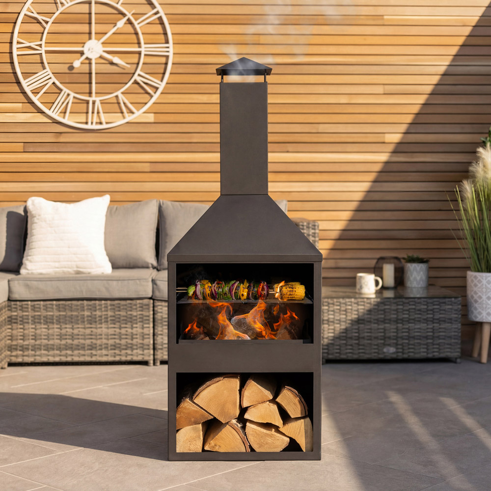 Charles Bentley Snug Rio Black Powder Coated Steel BBQ and Chimenea with Log Storage Image 7