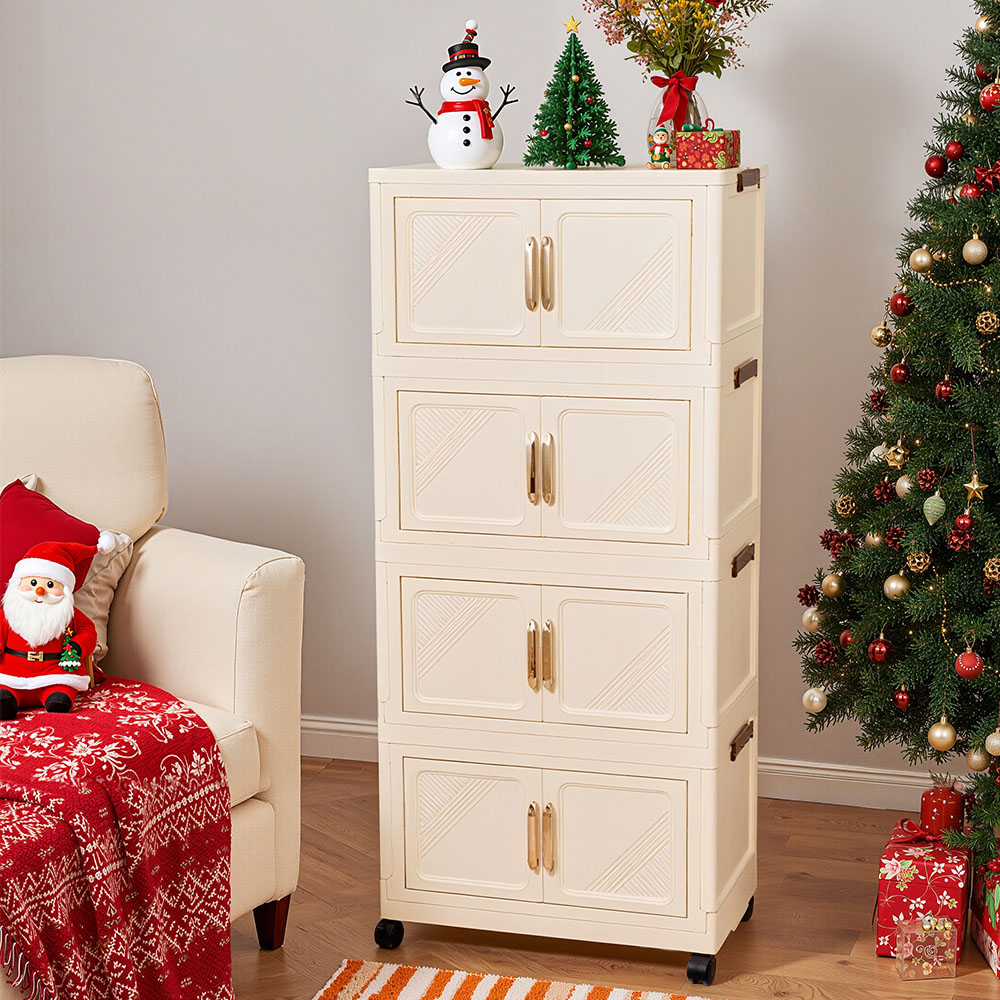 Living and Home 8 Door Cream Foldable Rolling Storage Cabinet Image 2