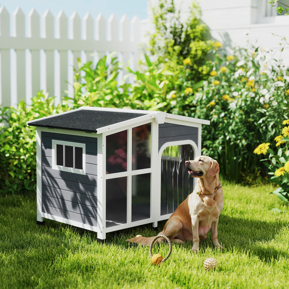 PawHut Wooden Charcoal Grey Dog Kennel Removable Floor Image 2