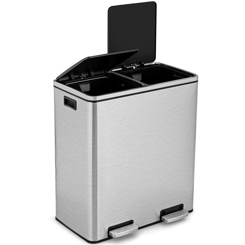 Costway Silver Double Recycle Pedal Bin with Removable Compartments 60L Image 3