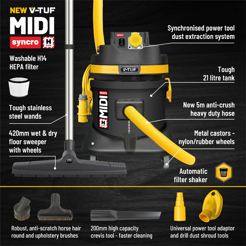 V-TUF MIDI SYNCRO H Class Industrial Dust Extractor with Power Take Off 110V Image 4