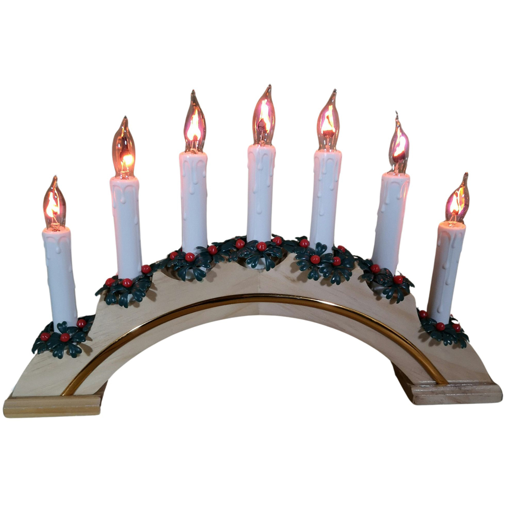 Premier 7 Flickering Warm White LED White Wooden Arched Christmas Candle Bridge Image 2