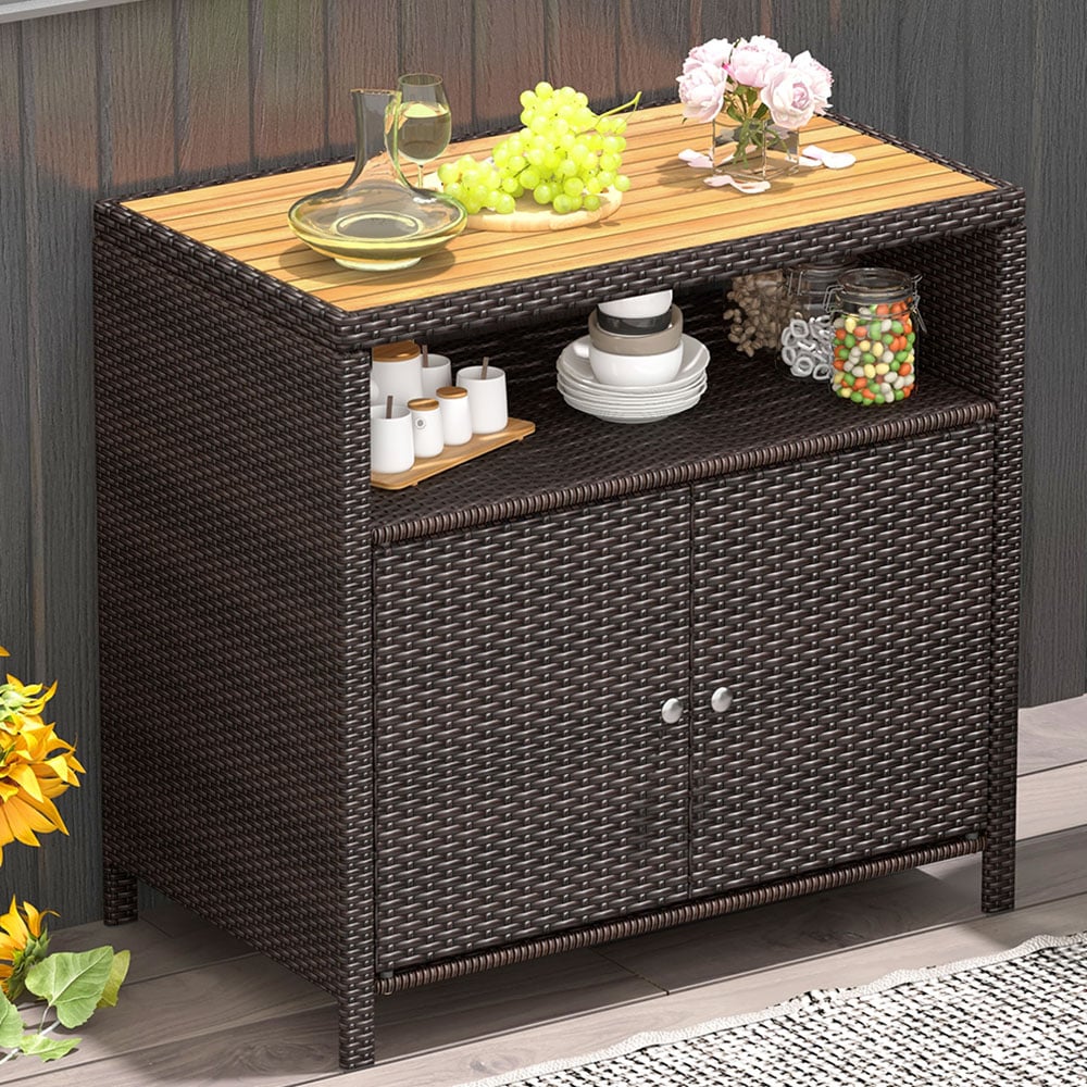 Costway 2 Door Single Shelf Brown Rattan Storage Cabinet Image 2