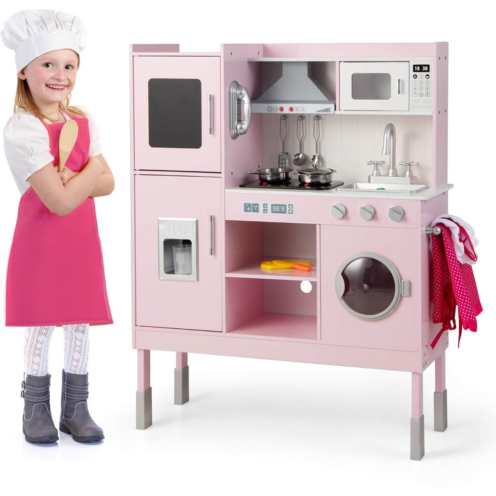 Costway Kids Pink Adjustable Wooden Kitchen Playset with Light Image 3