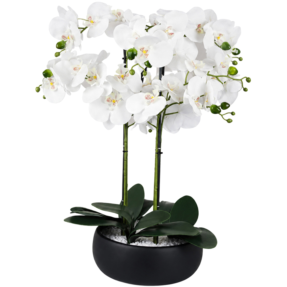 Leaf White Orchid Artificial Plant in Black Ceramic Planter 2ft Image 1