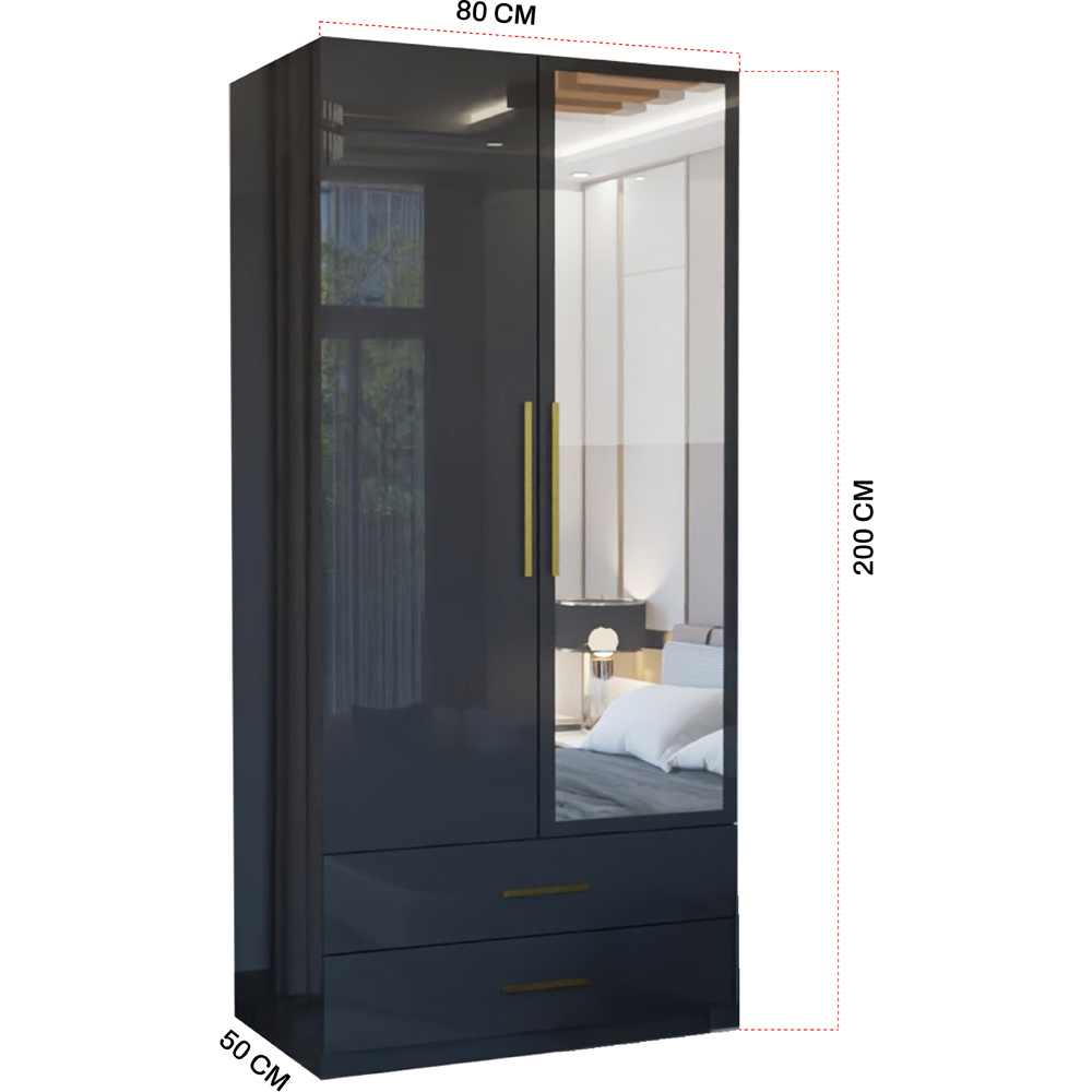 M N Furniture Glossera 2 Door 2 Drawer Black High Gloss Mirrored Wardrobe 90cm Image 6