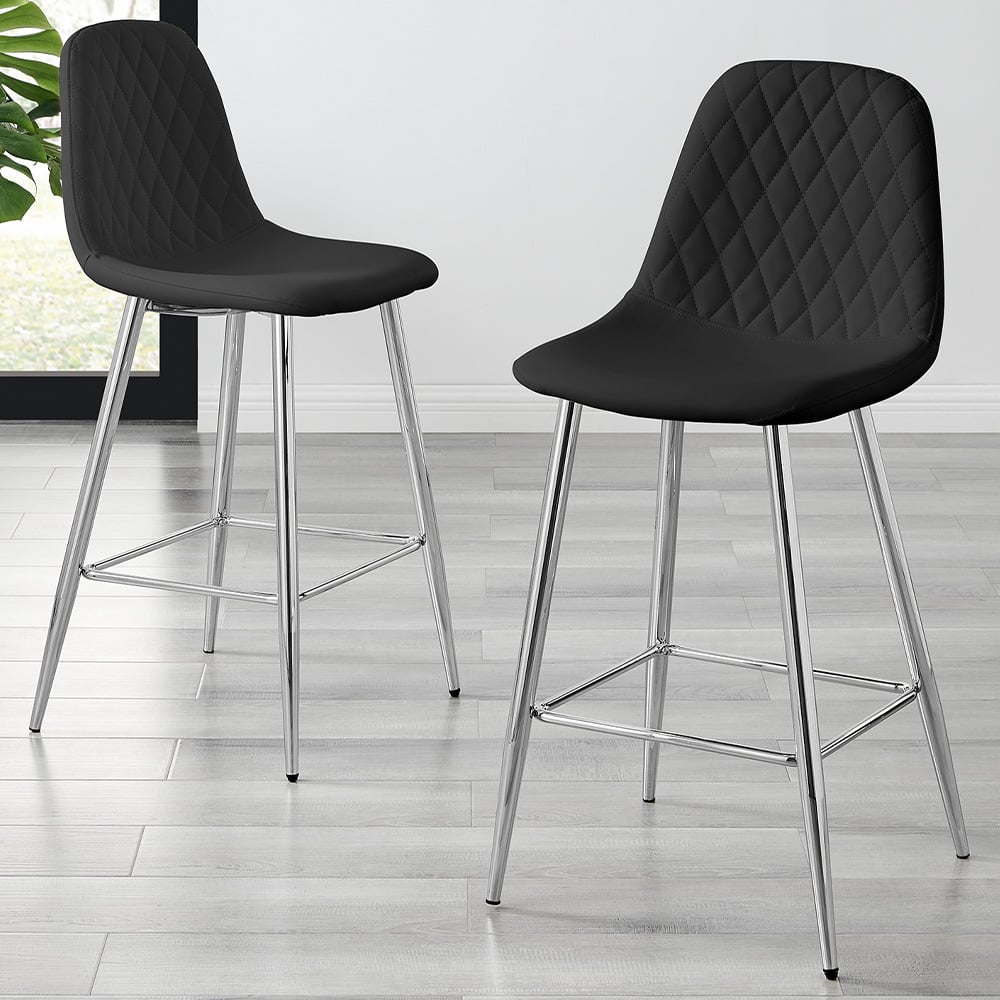 Furniturebox Solara Black and Silver Faux Leather Bar Stool Set of 2 Image 1