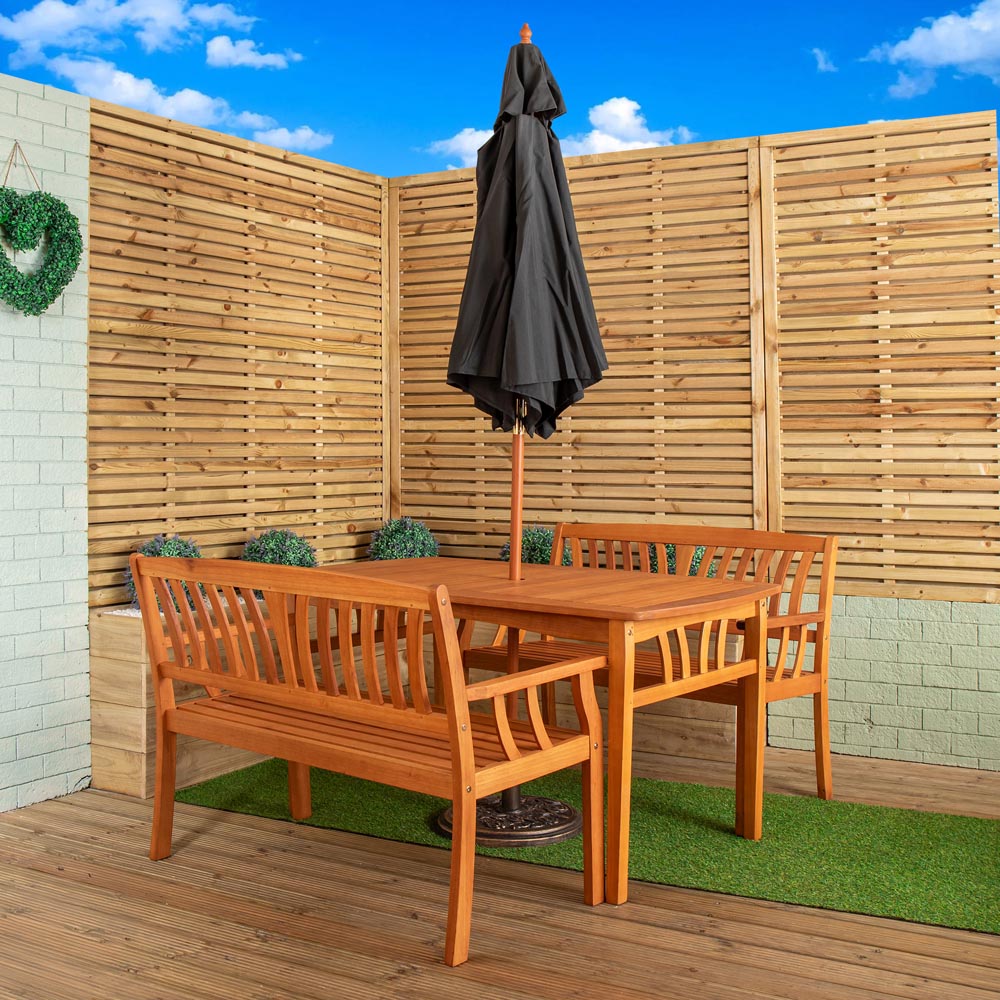 Samuel Alexander 4 Seater Wooden Garden Dining Bench Set with Black Parasol and Base Image 7