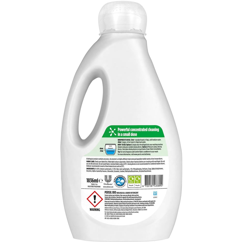 Persil Bio Liquid Detergent XXL 68 Washes 1.836L 3 Pack Image 3
