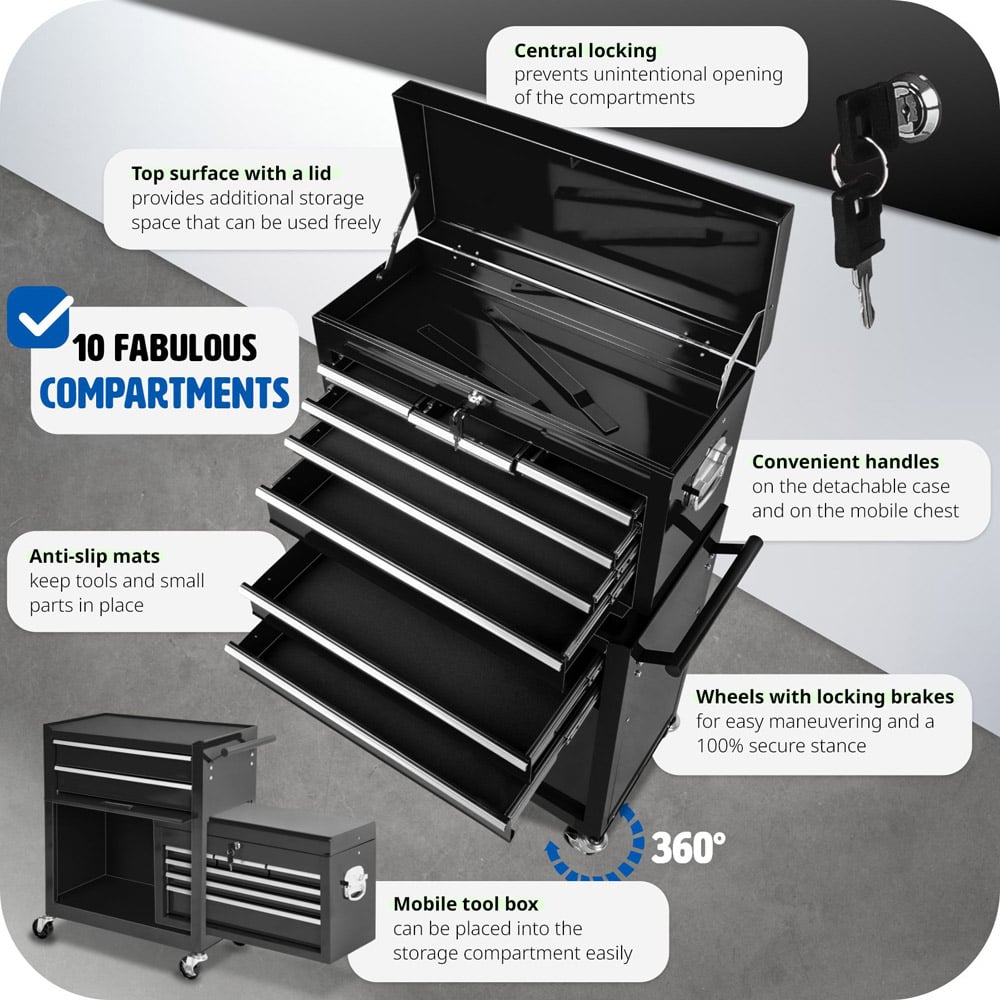 tectake 8 Drawer Black Tool Chest of Drawers with Wheels Image 8