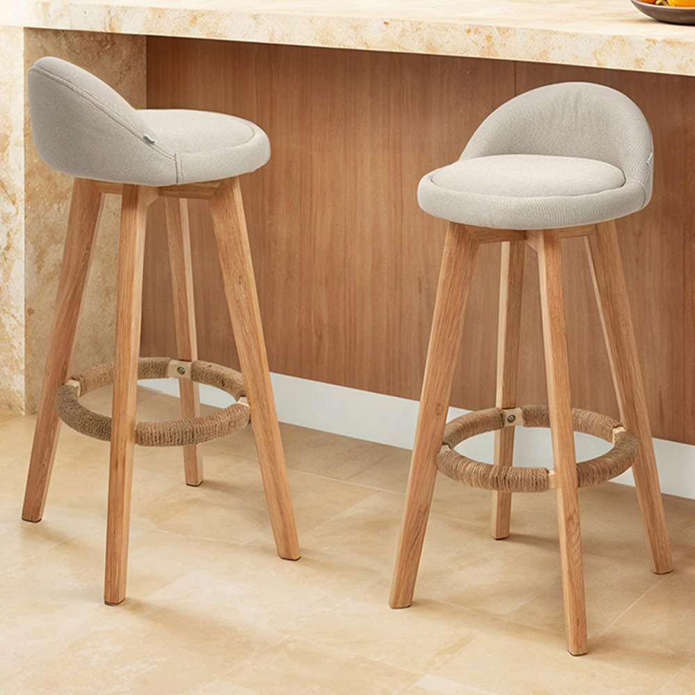 Living and Home Set of 2 Beige Linen Bar Stools with Wood Legs Image 1