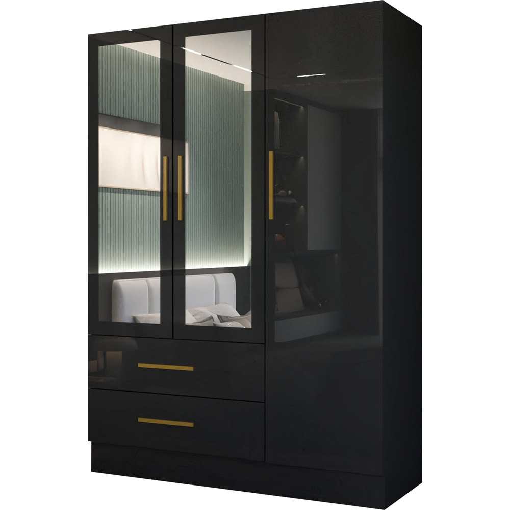 M N Furniture Glossera 3 Door 2 Drawer Black High Gloss Mirrored Wardrobe 116cm Image 2
