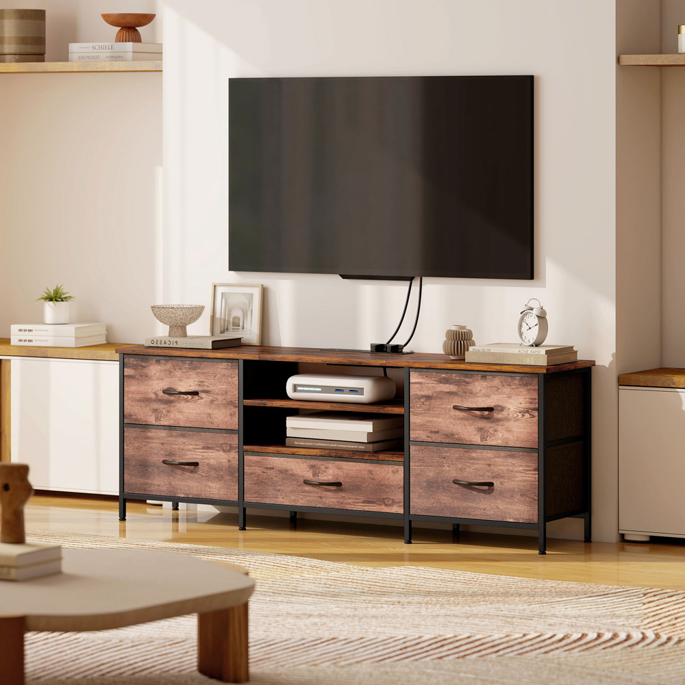 Portland 5 Drawer 2 Shelf Rustic Brown TV Unit with Charging Station Image 4